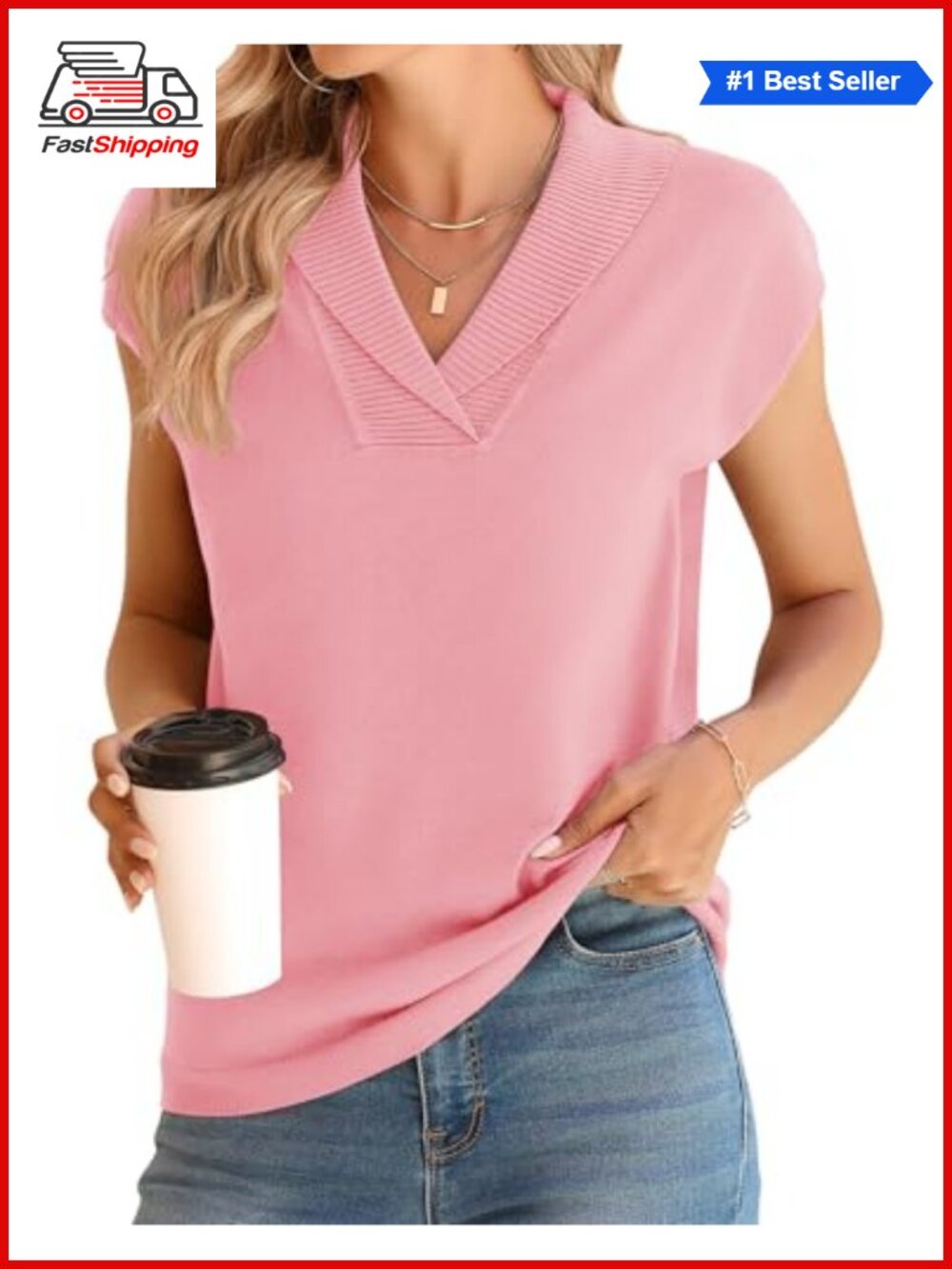 ✨ Womens Sweater Vest V-Neck Knitted Pullover Short Cap Sleeve Collared Tops